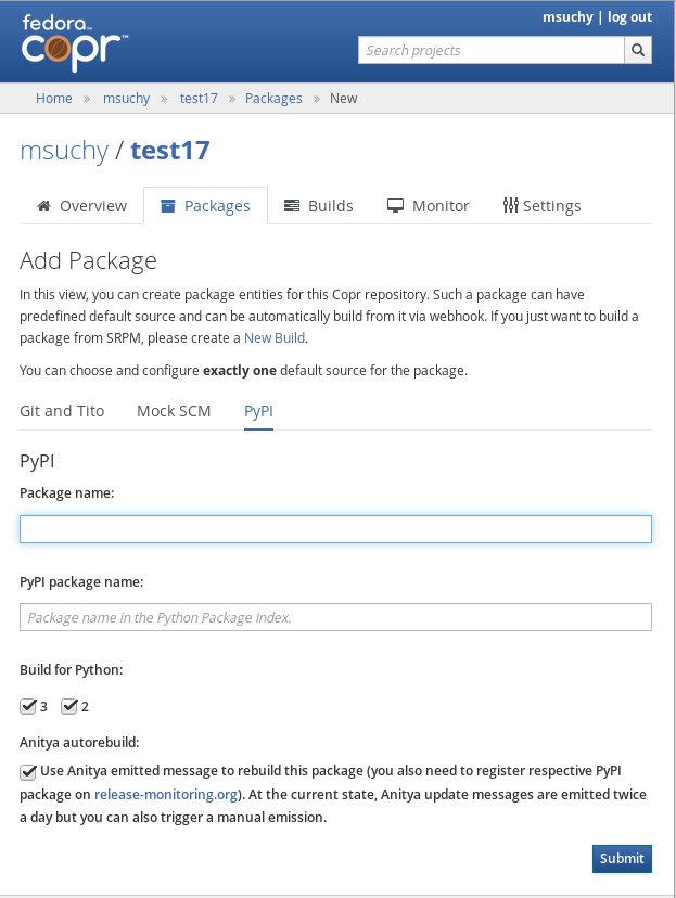 Building PyPi from Copr webUI